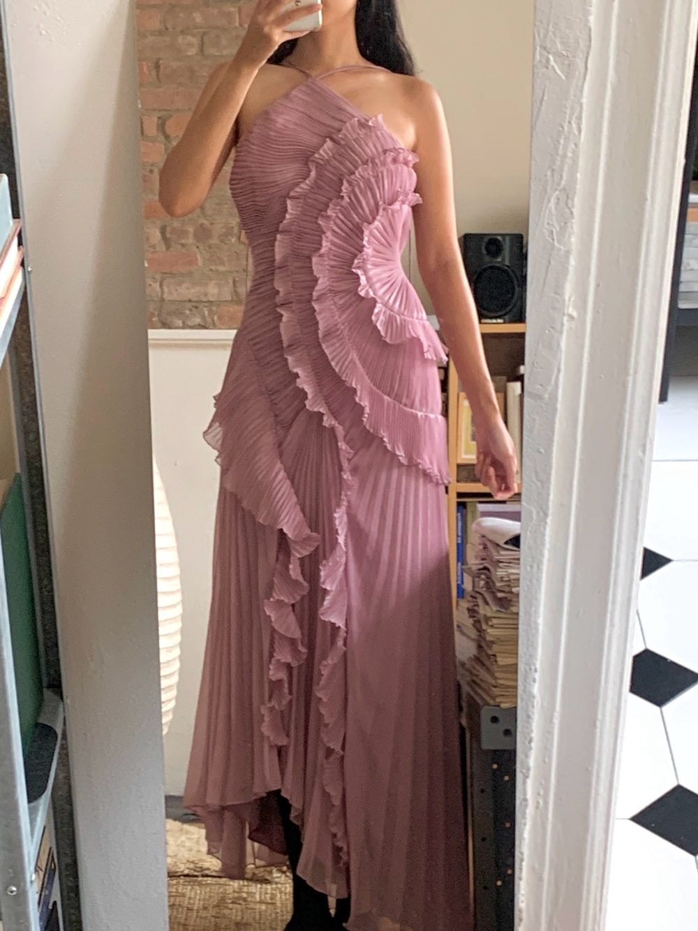 Amur Lorelie Ruffle Halterneck Gown Water Hyacinth US6 NWT (2 small flaws)